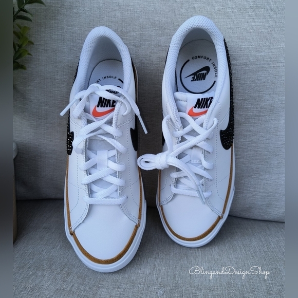 Bling Nike Court Legacy White Sneakers made with Black Crystals Custom Womens - Picture 3 of 7
